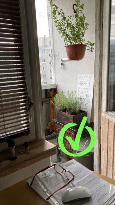 Glasses and papers on a desk by the window, a balcony with plants and a drawn green tick behind